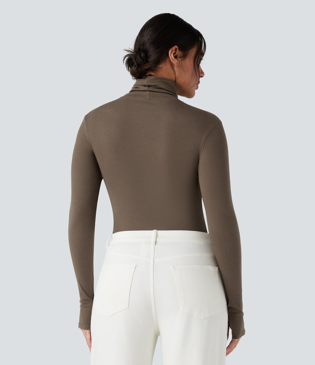 Mock-neck Long Sleeve Thumb Holes Slim Fit Casual Wool-Blend Tops — Coffee Quartz — view 2