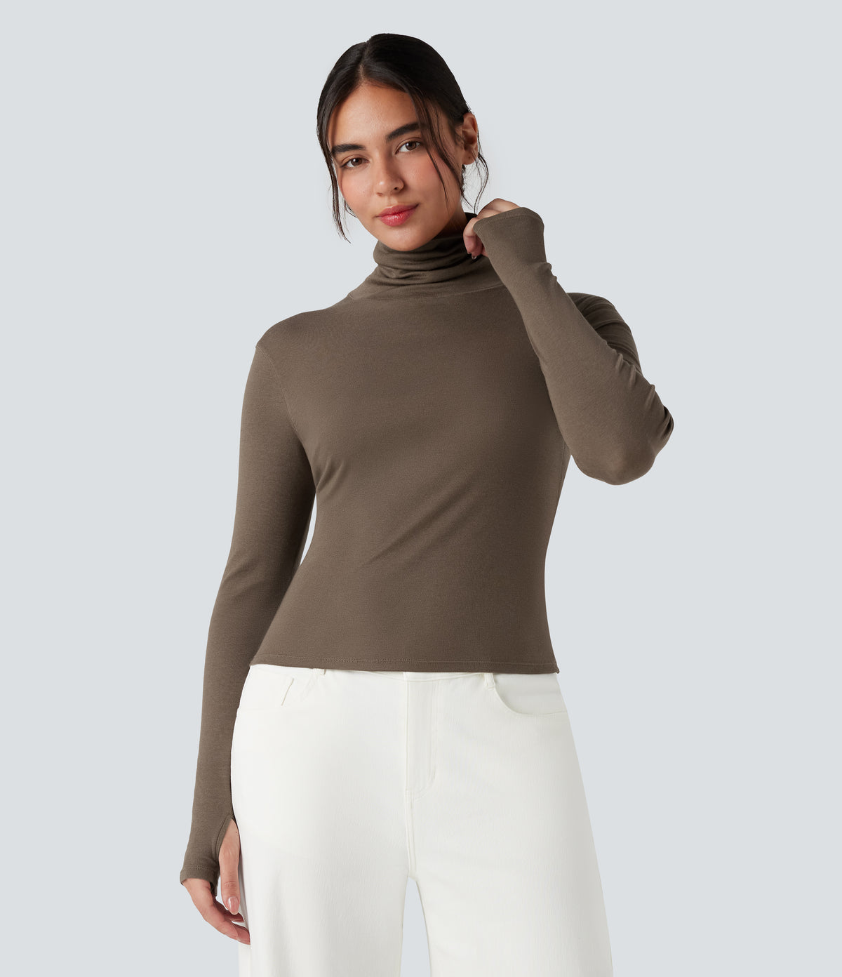 Mock-neck Long Sleeve Thumb Holes Slim Fit Casual Wool-Blend Tops — Coffee Quartz — view 6