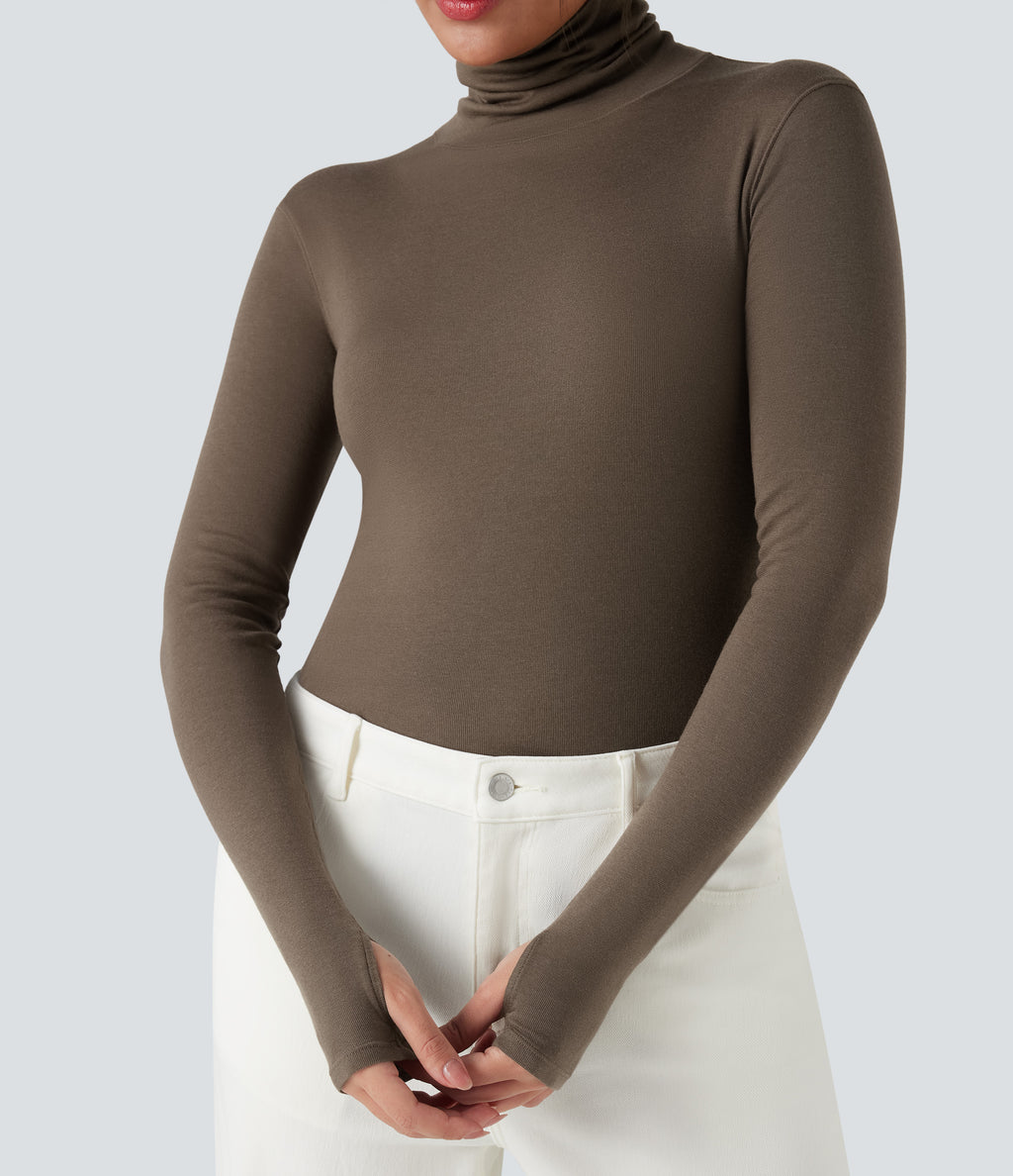 Mock-neck Long Sleeve Thumb Holes Slim Fit Casual Wool-Blend Tops — Coffee Quartz — view 4