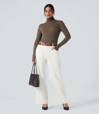 Mock-neck Long Sleeve Thumb Holes Slim Fit Casual Wool-Blend Tops — Coffee Quartz — view 7
