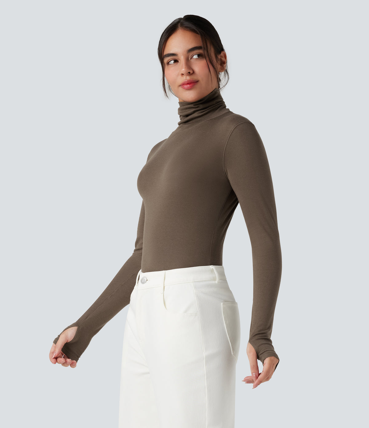 Mock-neck Long Sleeve Thumb Holes Slim Fit Casual Wool-Blend Tops — Coffee Quartz — view 3