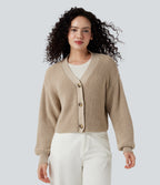 V-neck Long Sleeve Waffle Casual Cardigan — Frosted Almond — view 4
