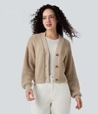 V-neck Long Sleeve Waffle Casual Cardigan — Frosted Almond — view 1