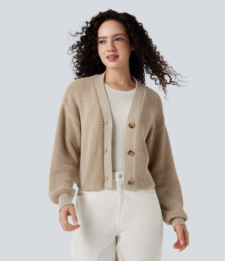 V-neck Long Sleeve Waffle Casual Cardigan — Frosted Almond — view 1