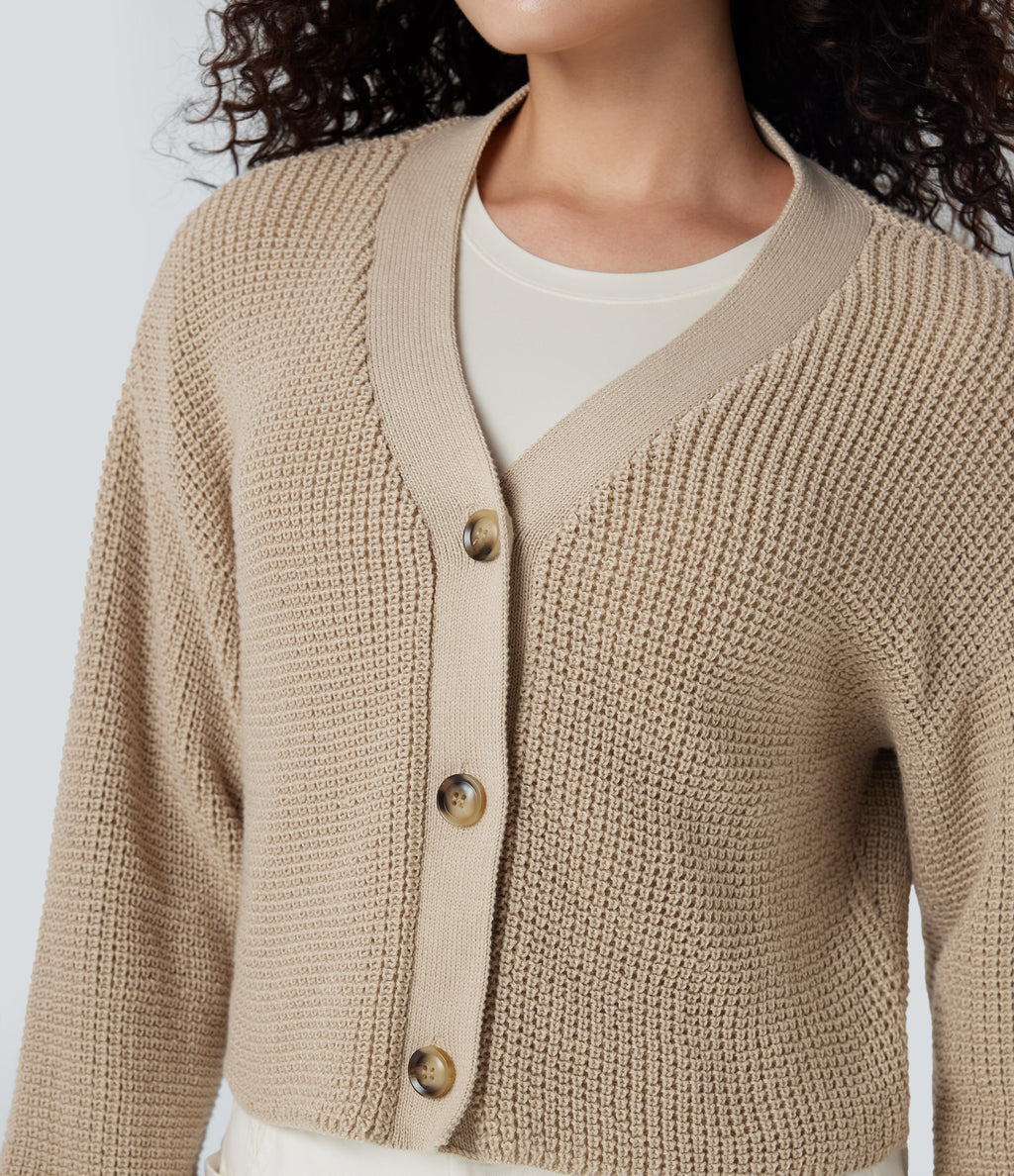V-neck Long Sleeve Waffle Casual Cardigan — Frosted Almond — view 5