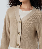 V-neck Long Sleeve Waffle Casual Cardigan — Frosted Almond — view 5