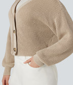 V-neck Long Sleeve Waffle Casual Cardigan — Frosted Almond — view 6