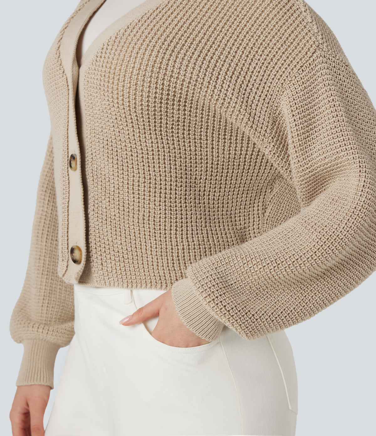 V-neck Long Sleeve Waffle Casual Cardigan — Frosted Almond — view 6