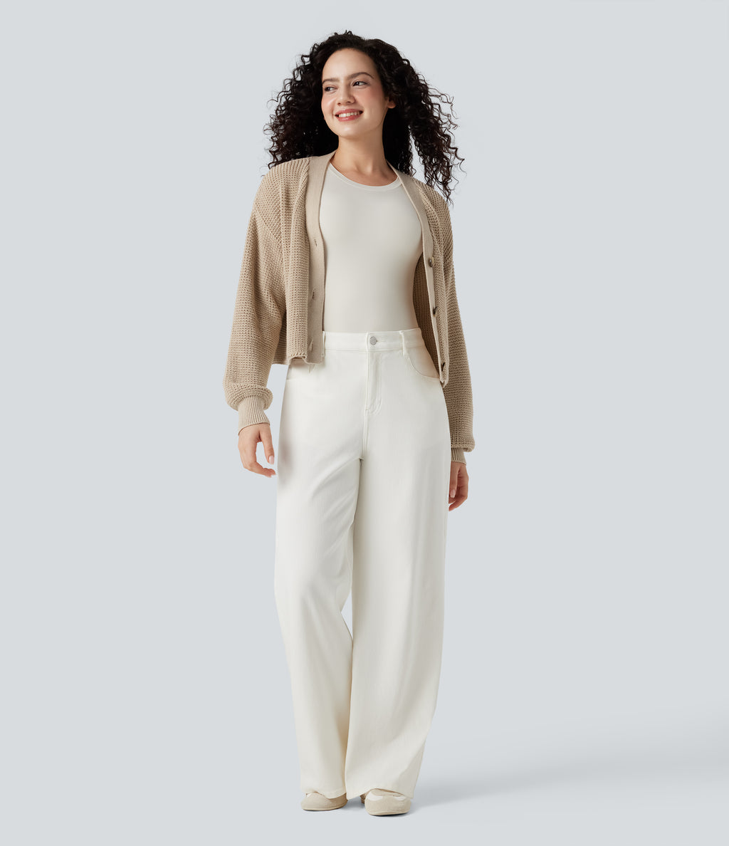 V-neck Long Sleeve Waffle Casual Cardigan — Frosted Almond — view 7