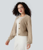 V-neck Long Sleeve Waffle Casual Cardigan — Frosted Almond — view 3