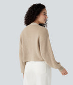 V-neck Long Sleeve Waffle Casual Cardigan — Frosted Almond — view 2