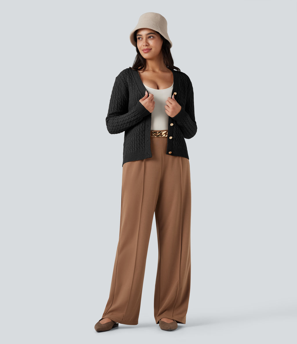 V-neck Cable Knit Work Cardigan — Black — view 7
