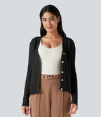 V-neck Cable Knit Work Cardigan — Black — view 6