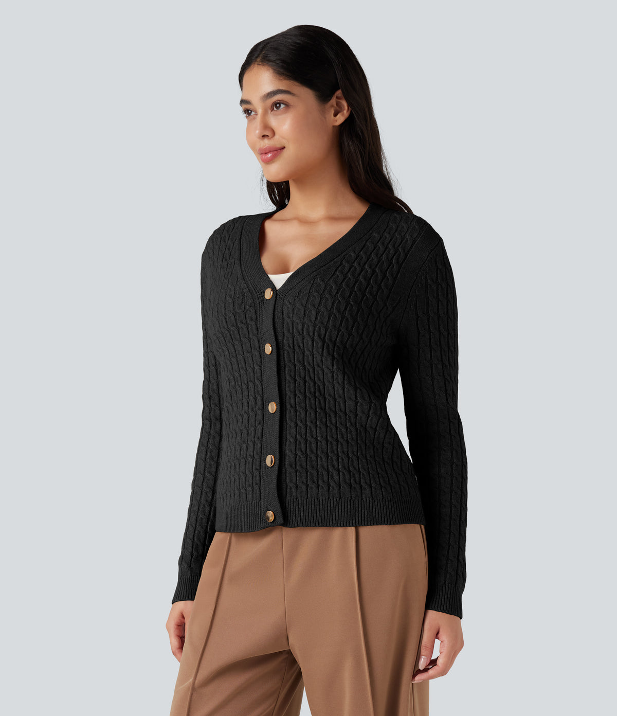 V-neck Cable Knit Work Cardigan — Black — view 3