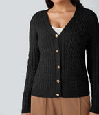 V-neck Cable Knit Work Cardigan — Black — view 4