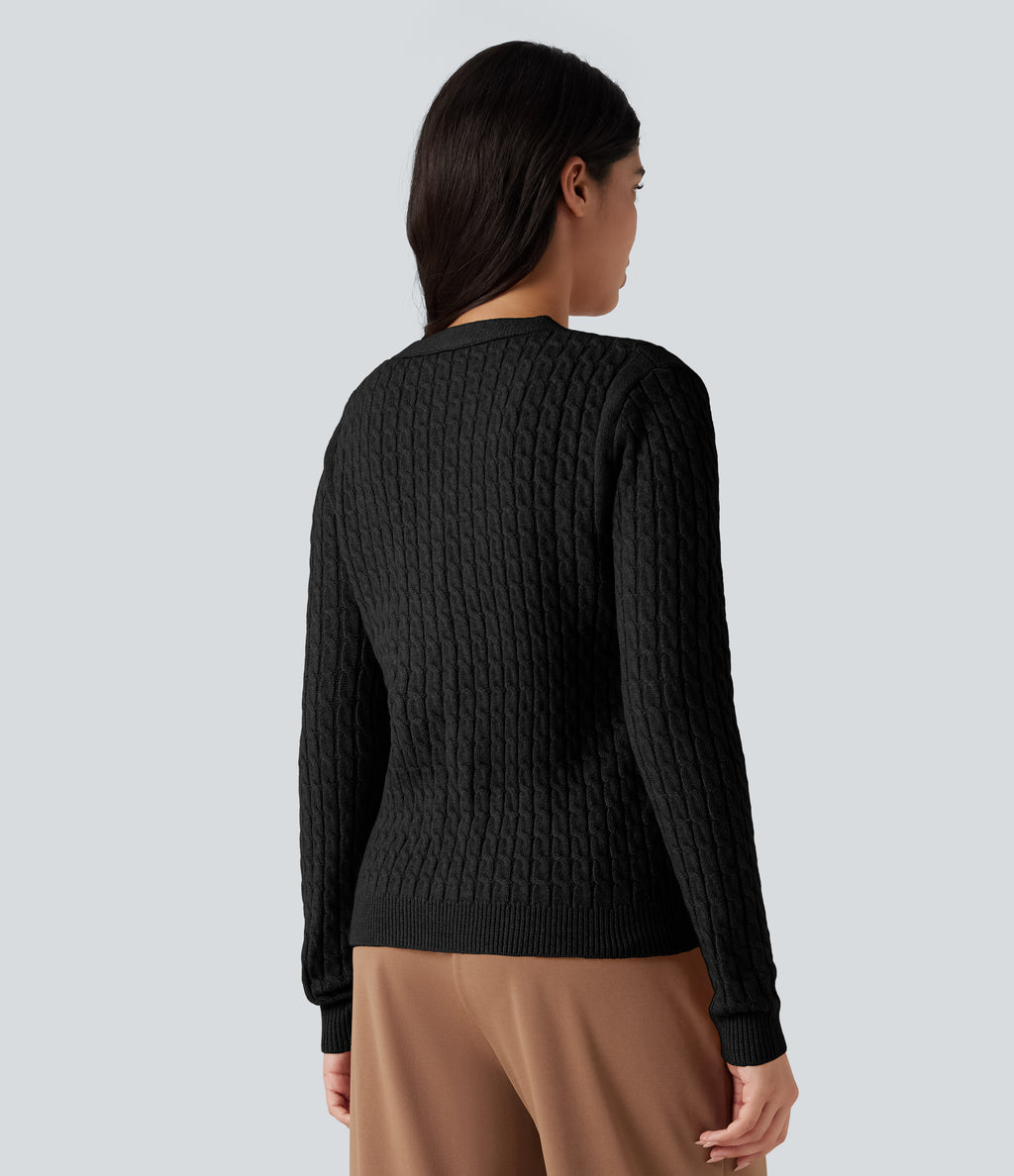 V-neck Cable Knit Work Cardigan — Black — view 2