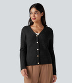 V-neck Cable Knit Work Cardigan — Black — view 1