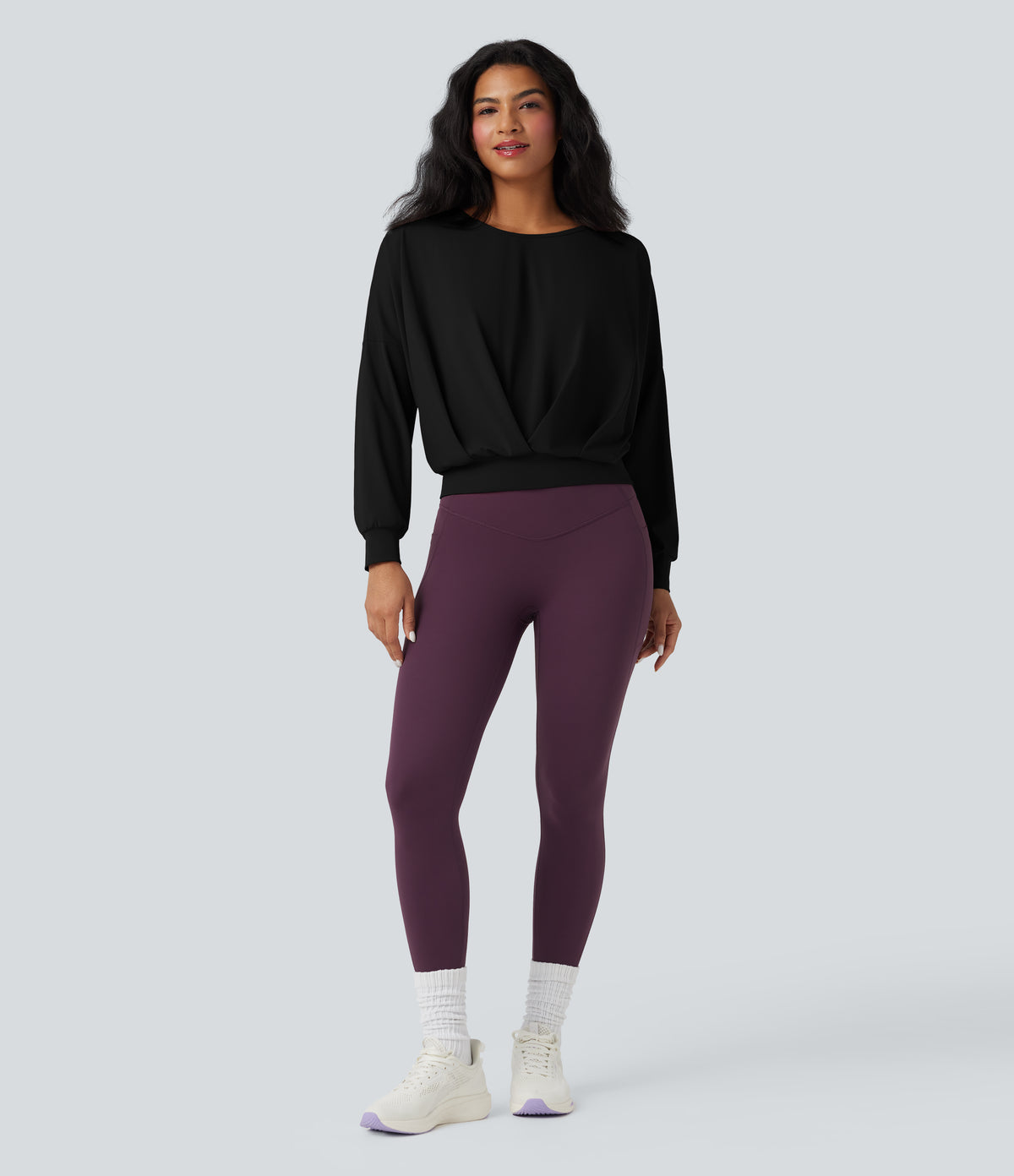 Airy Round Neck Long Sleeve Crossover Hem Yoga Sports Top — Black — view 6