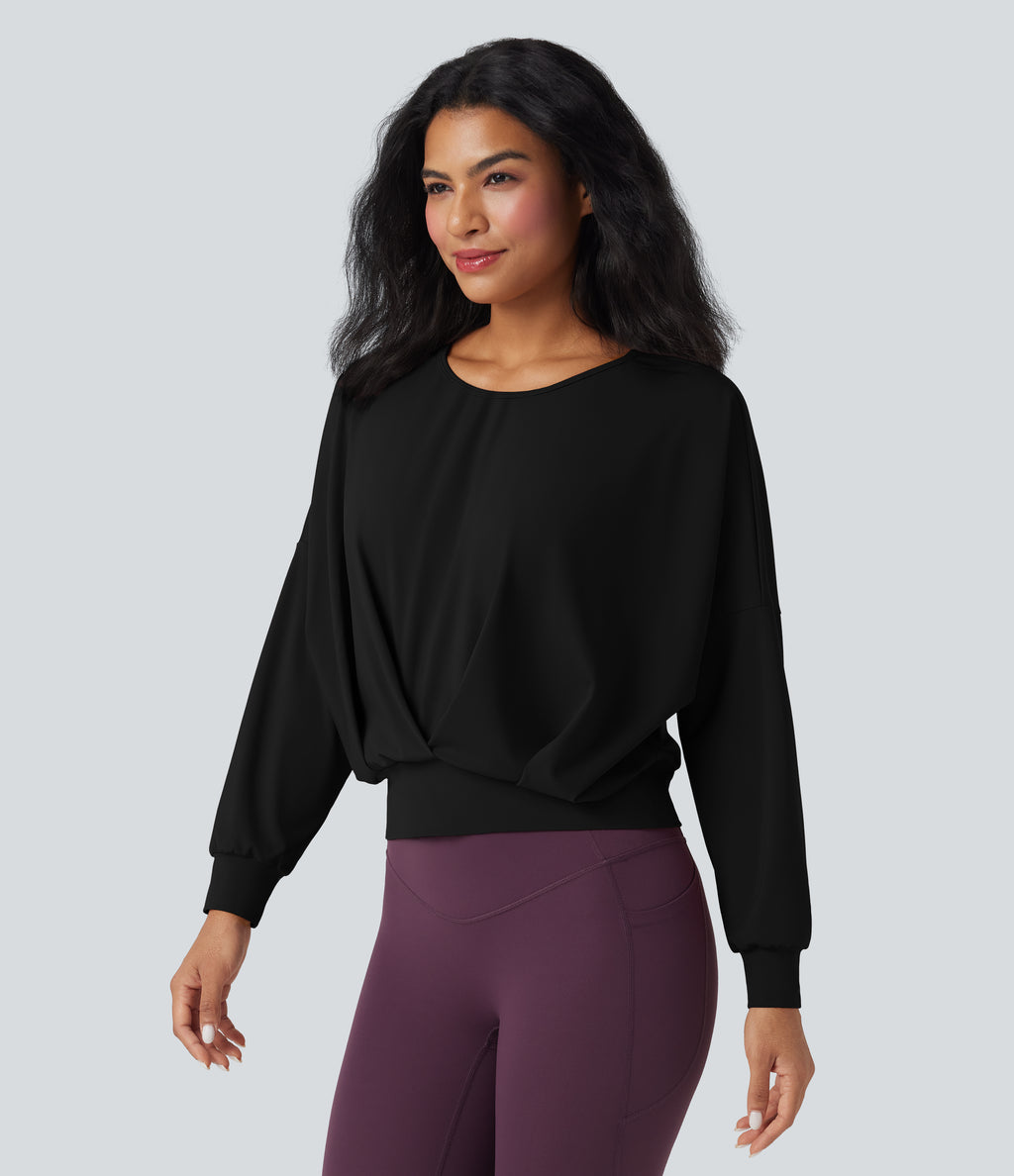 Airy Round Neck Long Sleeve Crossover Hem Yoga Sports Top — Black — view 3