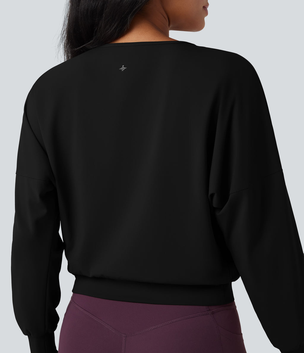 Airy Round Neck Long Sleeve Crossover Hem Yoga Sports Top — Black — view 5