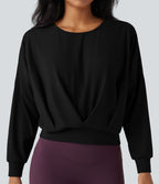 Airy Round Neck Long Sleeve Crossover Hem Yoga Sports Top — Black — view 4