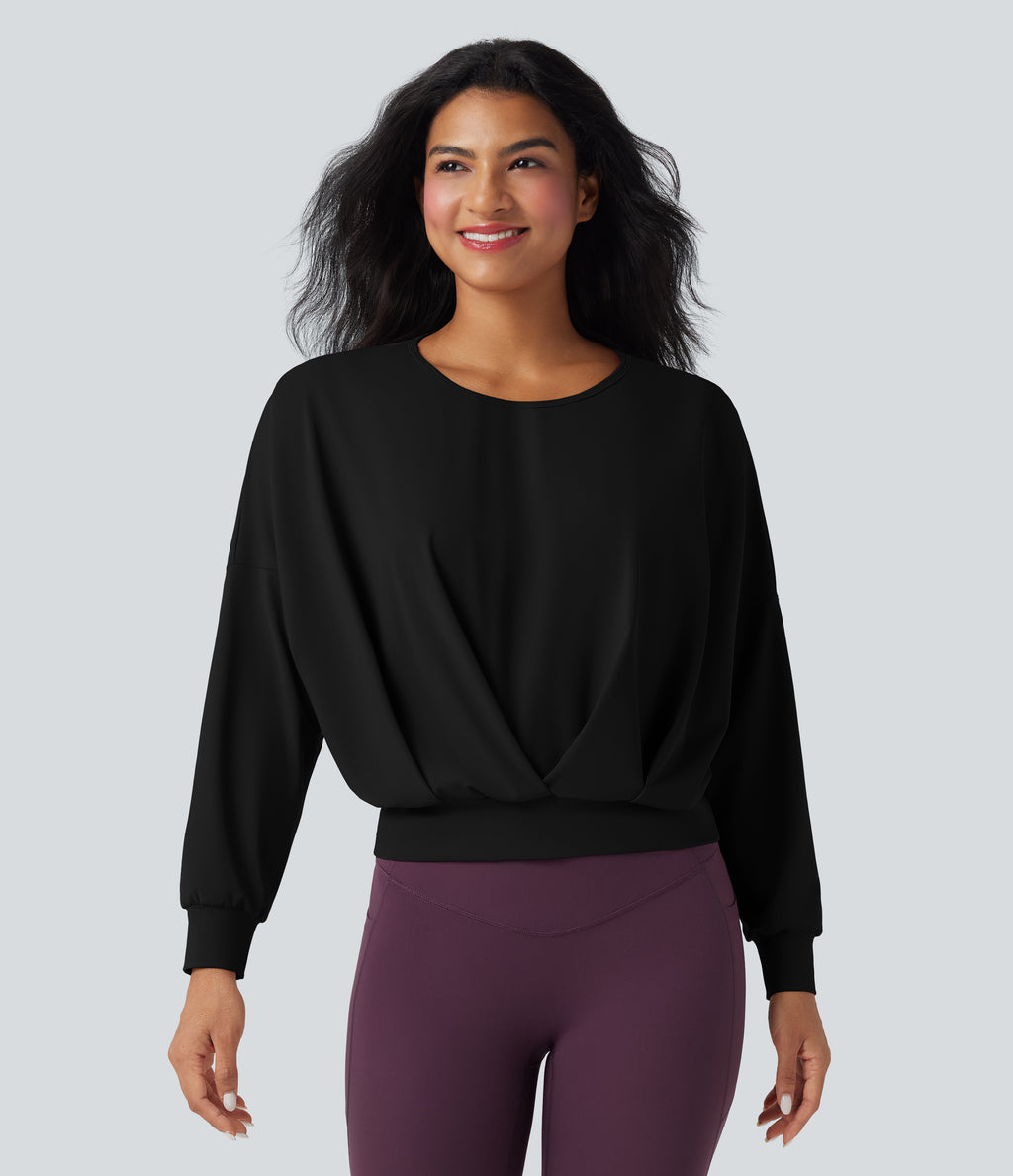 Airy Round Neck Long Sleeve Crossover Hem Yoga Sports Top — Black — view 1