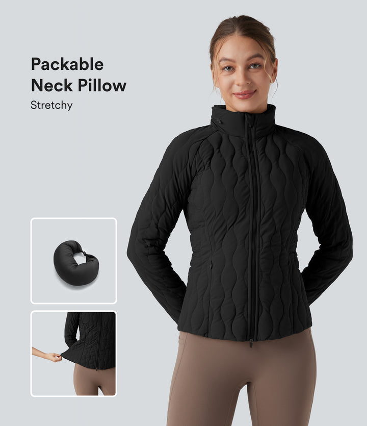 PuffFlex High-neck Thumb Holes Stretchy Workout Quilted Jacket with Pockets-Packable Neck Pillow — Black — view 1