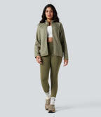 Stand Collar Long Sleeve Zip Fly Hiking Fleece Heathered Jacket with Pockets — Earthy Yellow — view 5