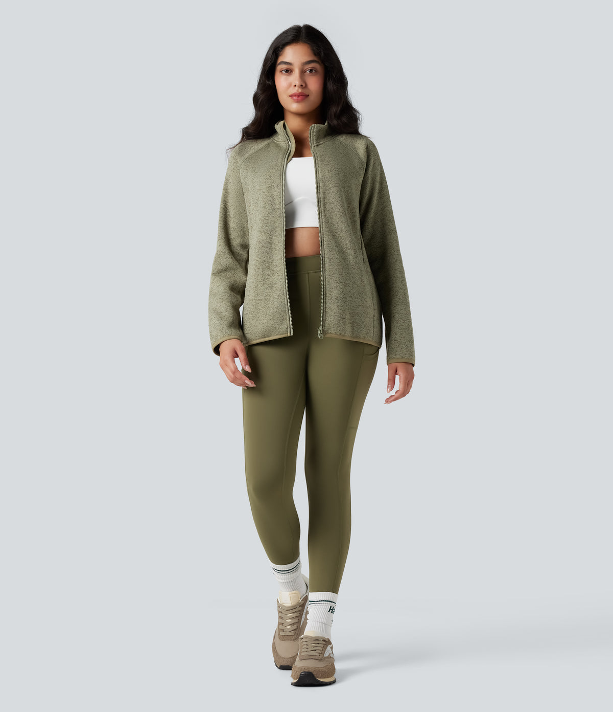 Stand Collar Long Sleeve Zip Fly Hiking Fleece Heathered Jacket with Pockets — Earthy Yellow — view 5