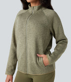 Stand Collar Long Sleeve Zip Fly Hiking Fleece Heathered Jacket with Pockets — Earthy Yellow — view 4