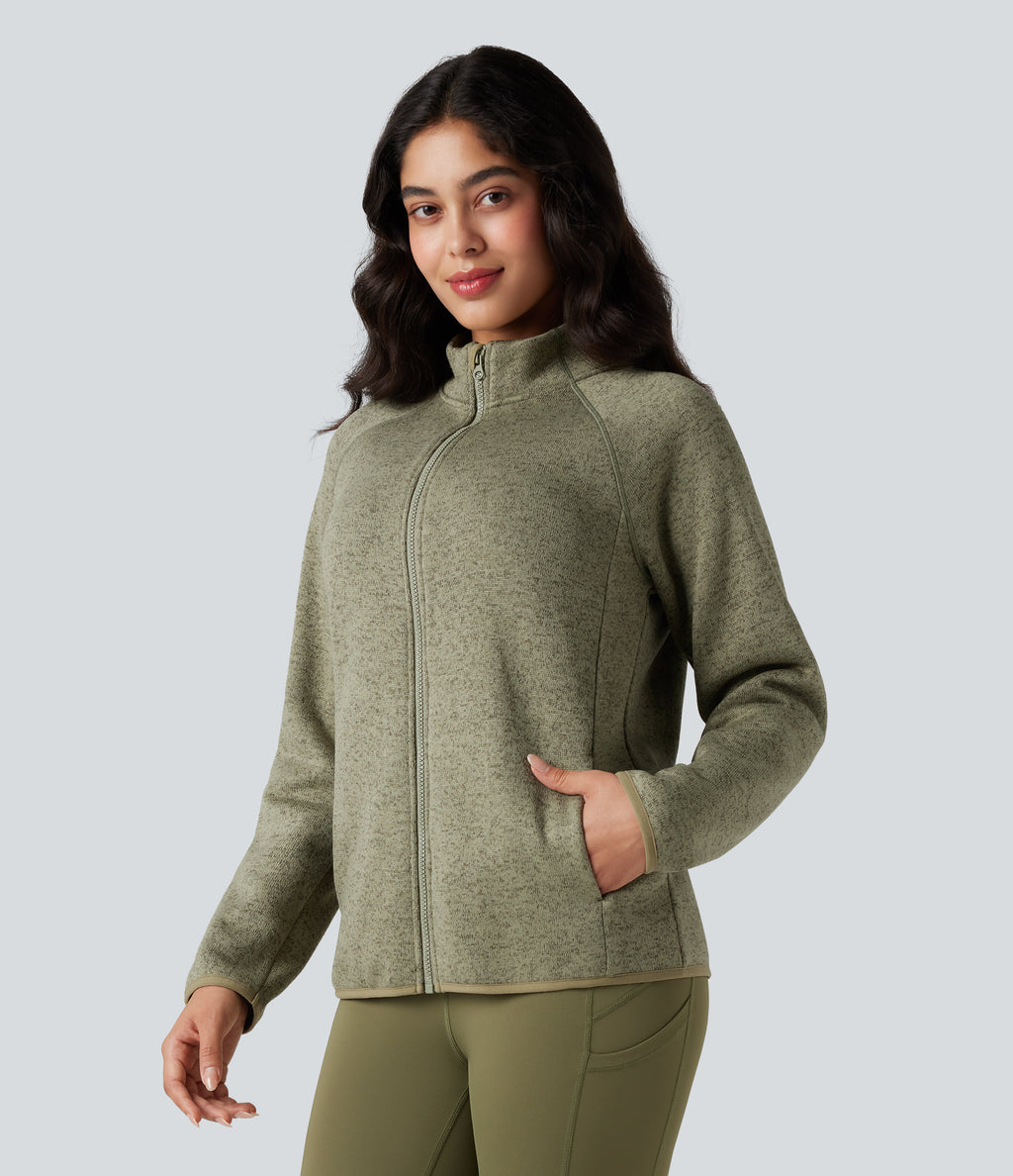 Stand Collar Long Sleeve Zip Fly Hiking Fleece Heathered Jacket with Pockets — Earthy Yellow — view 3
