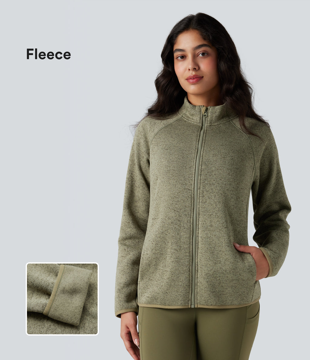 Stand Collar Long Sleeve Zip Fly Hiking Fleece Heathered Jacket with Pockets — Earthy Yellow — view 1