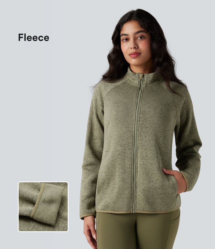 Stand Collar Long Sleeve Zip Fly Hiking Fleece Heathered Jacket with Pockets — Earthy Yellow — view 1