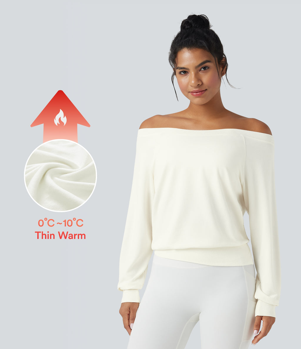 Off-shoulder Long Sleeve Fleece Yoga Sports Top — Star White — view 1