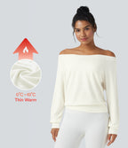 Off-shoulder Long Sleeve Fleece Yoga Sports Top — Star White — view 1
