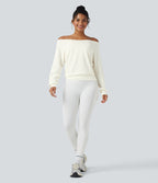 Off-shoulder Long Sleeve Fleece Yoga Sports Top — Star White — view 8