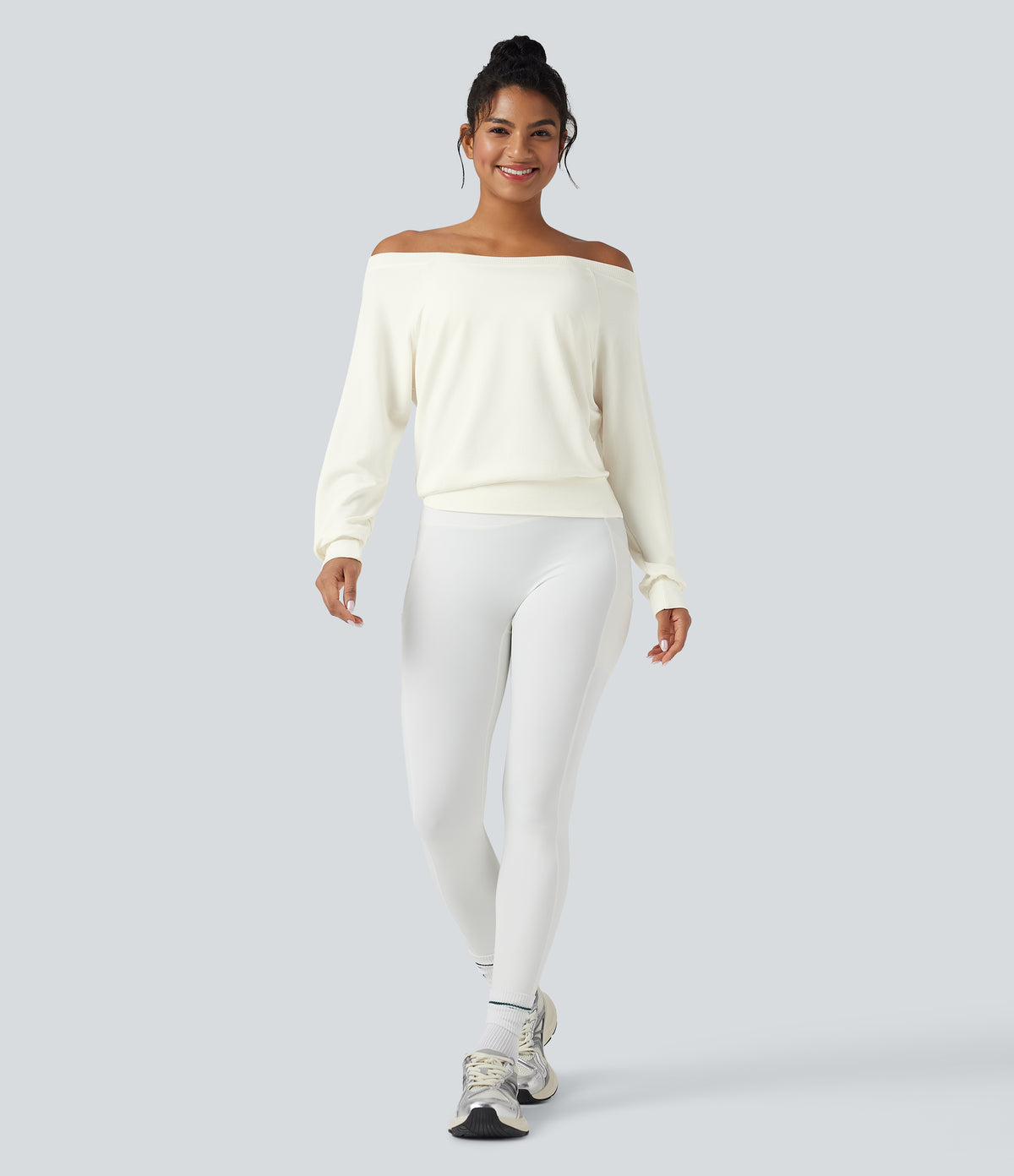 Off-shoulder Long Sleeve Fleece Yoga Sports Top — Star White — view 8