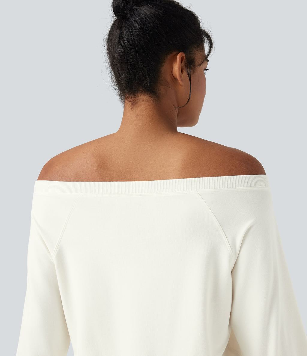 Off-shoulder Long Sleeve Fleece Yoga Sports Top — Star White — view 6