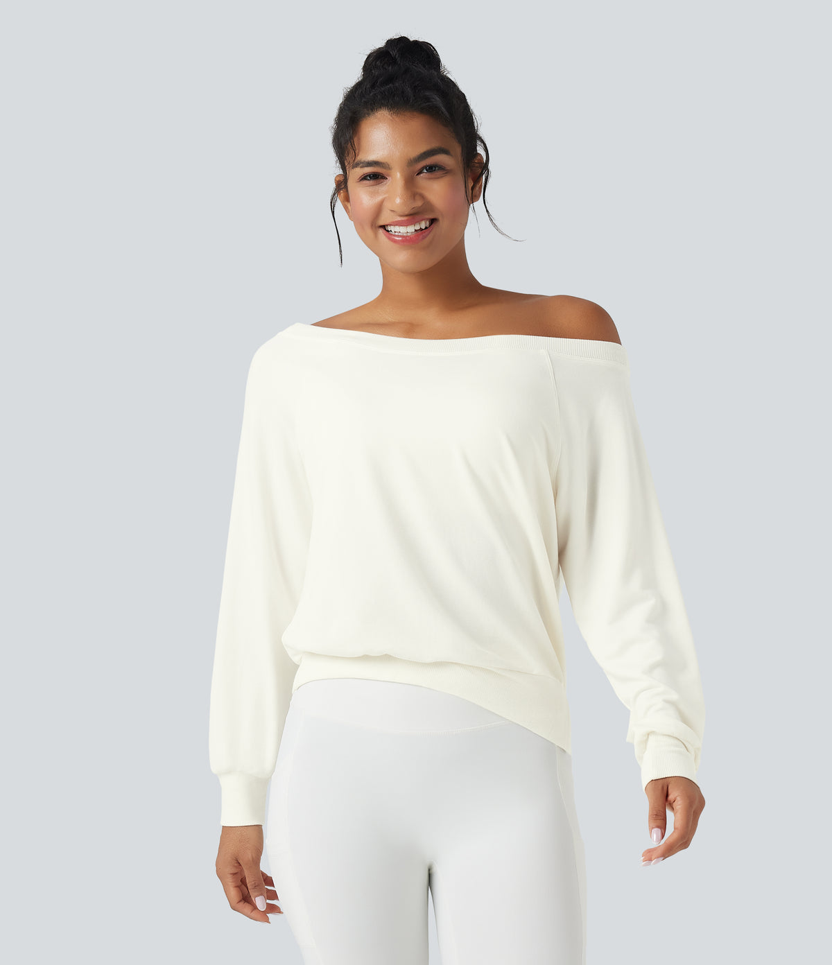 Off-shoulder Long Sleeve Fleece Yoga Sports Top — Star White — view 3