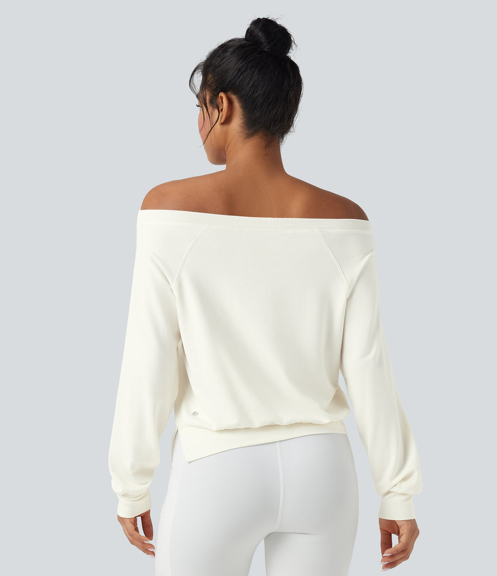 Off-shoulder Long Sleeve Fleece Yoga Sports Top — Star White — view 2