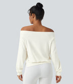 Off-shoulder Long Sleeve Fleece Yoga Sports Top — Star White — view 2