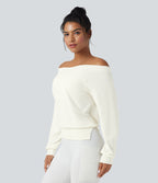 Off-shoulder Long Sleeve Fleece Yoga Sports Top — Star White — view 4