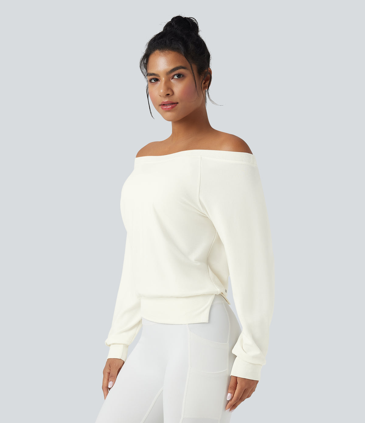 Off-shoulder Long Sleeve Fleece Yoga Sports Top — Star White — view 4