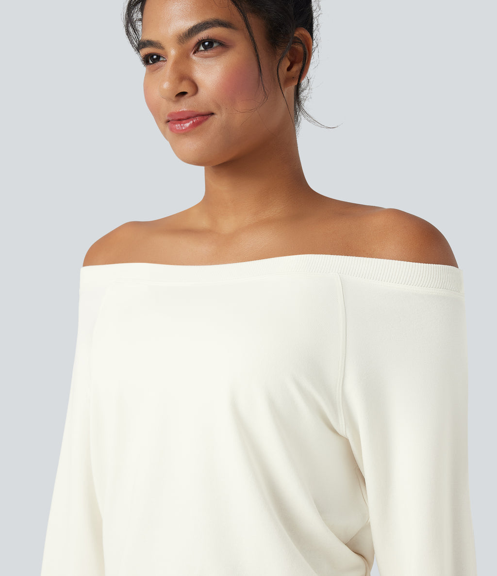 Off-shoulder Long Sleeve Fleece Yoga Sports Top — Star White — view 5