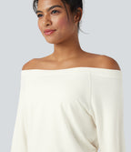 Off-shoulder Long Sleeve Fleece Yoga Sports Top — Star White — view 5