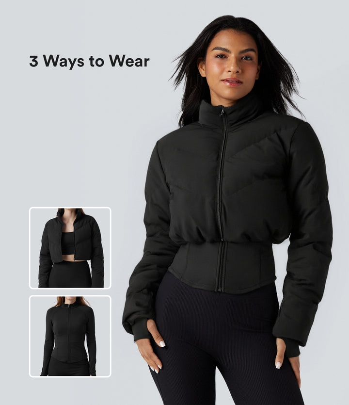PuffFlex 3-in-1 Stand Collar Casual Cropped Puffer Coat & Thumb Holes Curved Hem Jacket with Pocket — Black — view 1