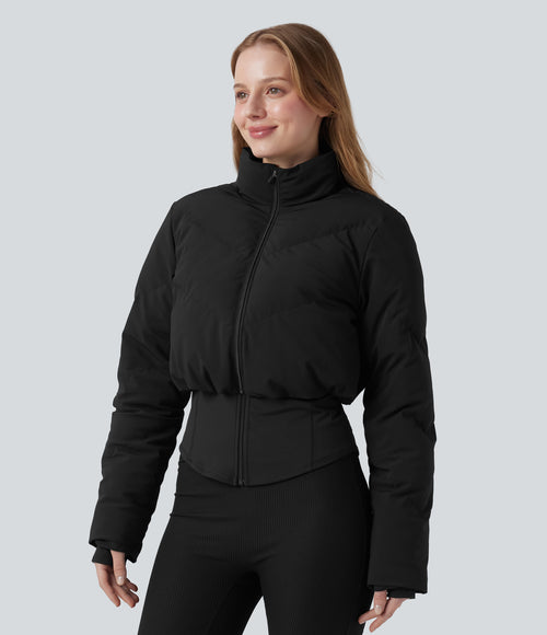 PuffFlex 3-in-1 Stand Collar Casual Cropped Puffer Coat & Thumb Holes Curved Hem Jacket with Pocket — Black — view 6