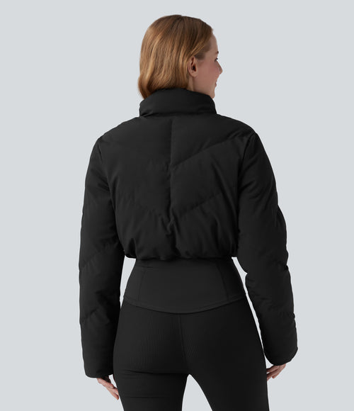 PuffFlex 3-in-1 Stand Collar Casual Cropped Puffer Coat & Thumb Holes Curved Hem Jacket with Pocket — Black — view 5