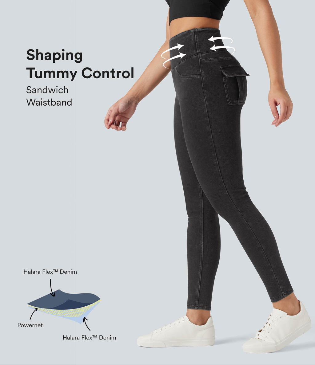 High Waisted Tummy Control Denim Casual Leggings with Pockets — Phantom Denim — view 1