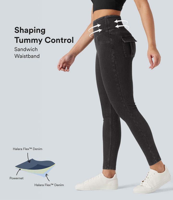 High Waisted Tummy Control Denim Casual Leggings with Pockets — Phantom Denim — view 1